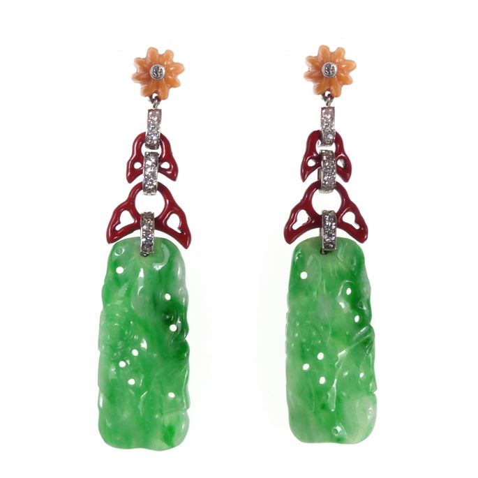   Cartier - Pair of diamond, enamel and jade panel pendant earrings | MasterArt